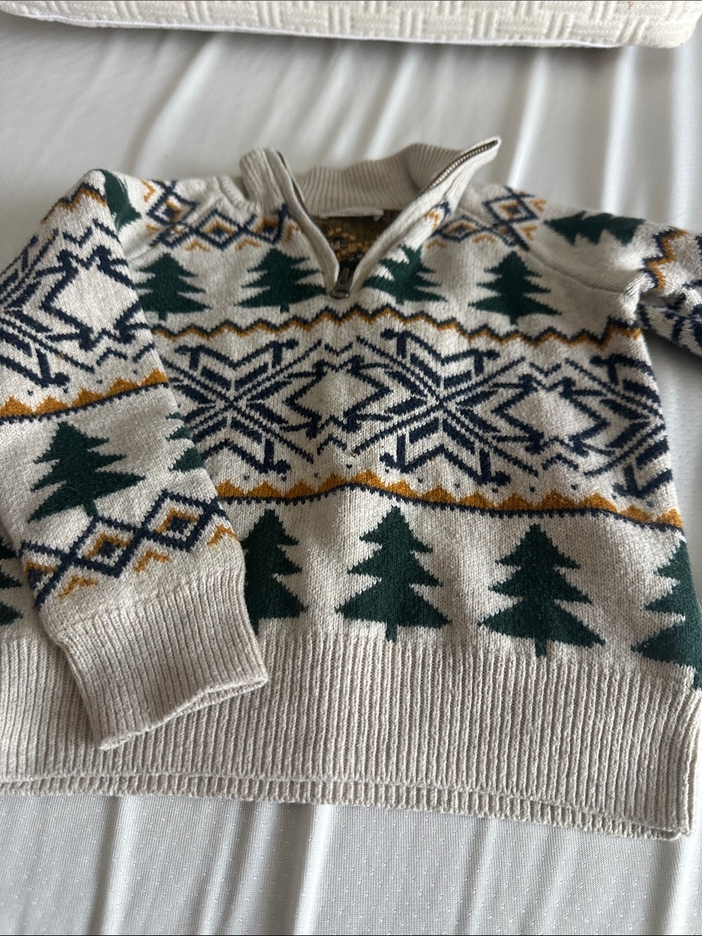 Boys Cream Fair Isle Half-Zip Sweater with Green Tree Motif